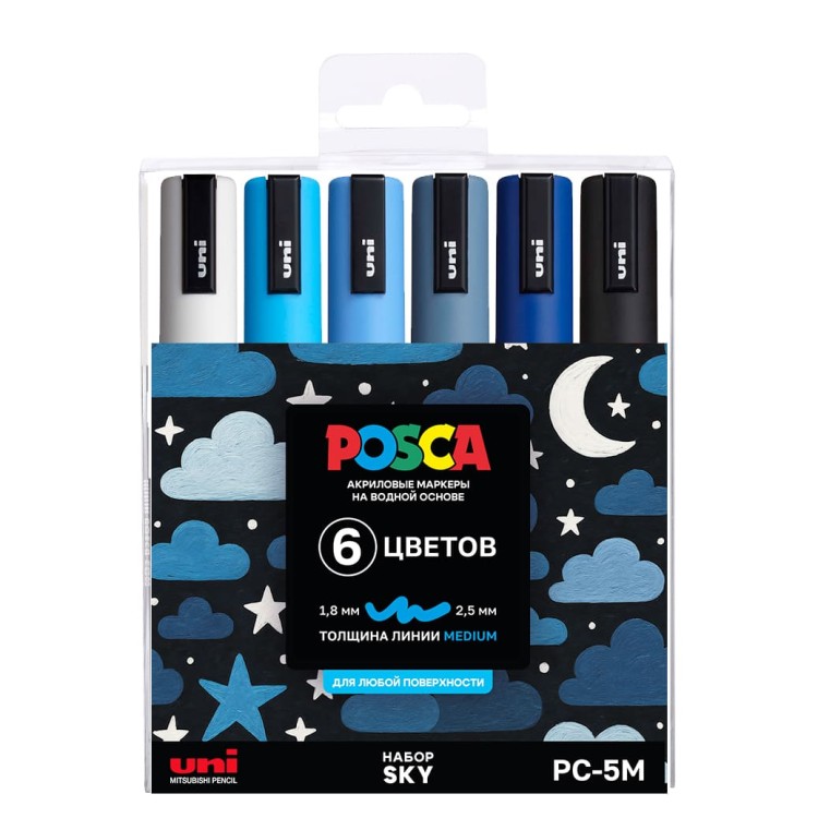Набор маркеров Uni POSCA PC-5M 1,8-2,5мм Sky "Небесные" 6 цветов Набор маркеров Uni POSCA PC-5M 1,8-2,5мм Sky "Небесные" 6 цветов