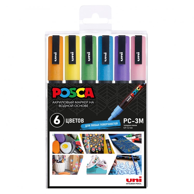 Набор маркеров Uni POSCA PC-3ML 0,9-1,3мм Glitter 6 цветов