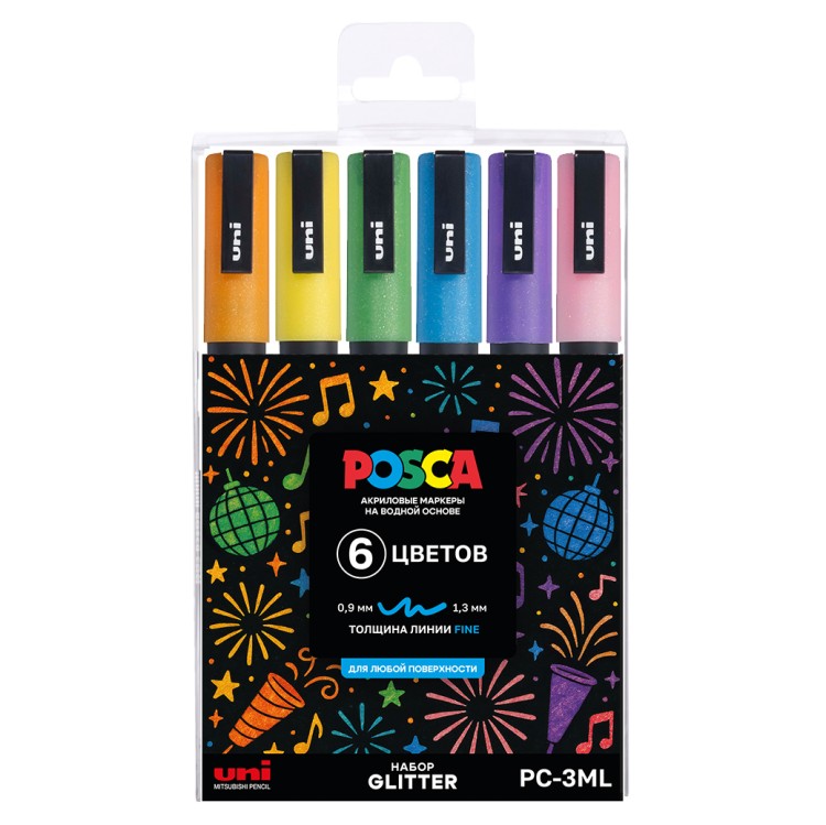 Набор маркеров Uni POSCA PC-3ML 0,9-1,3мм Glitter 6 цветов