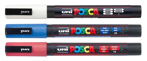 Набор маркеров POSCA PC-3M (белый, красный с блестками, синий с блестками)